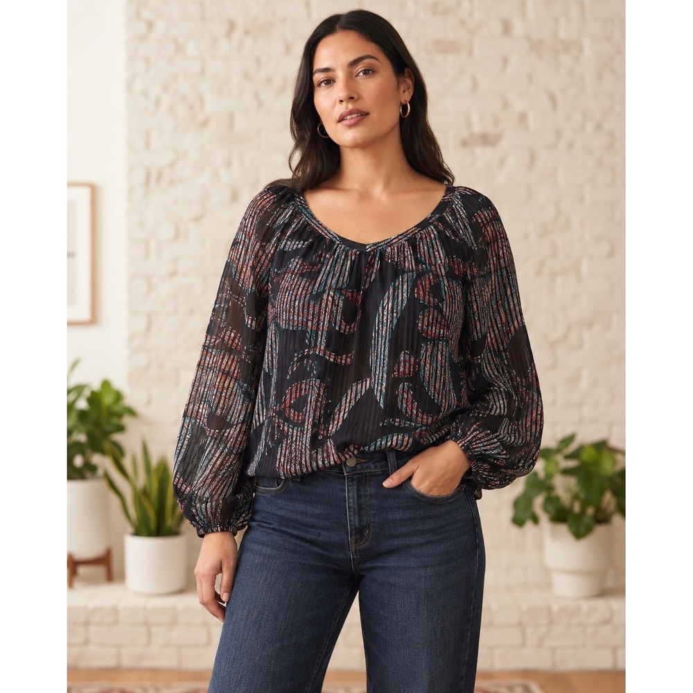 Maeve Anthropologie Paisley Blouse S Sheer Balloon Sleeve Boho Peasant Top